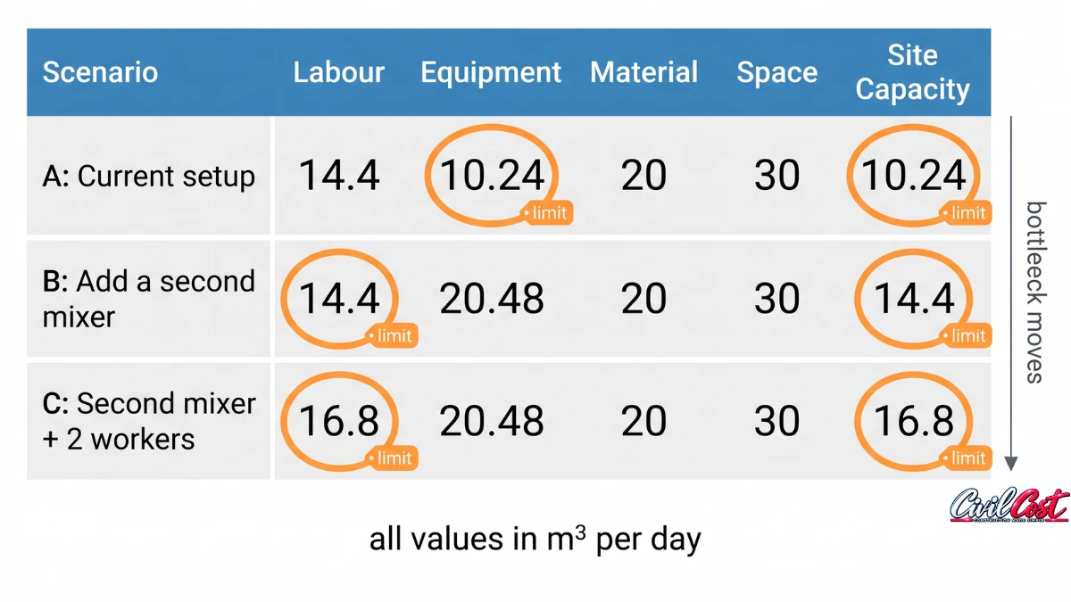 Table showing slab concreting capacity in three scenarios where the limiting factor moves from equipment to labour