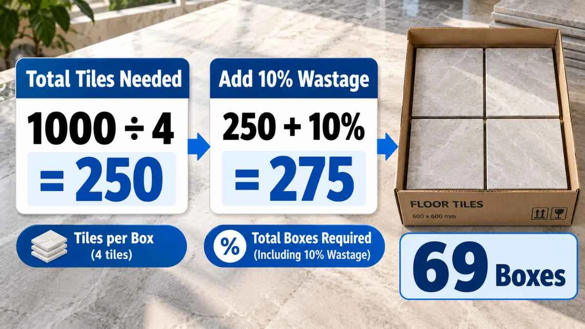 Step by step calculation of 275 tiles needed for 1000 square feet using 2 by 2 foot tiles