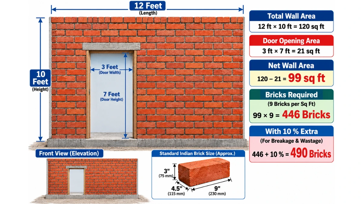 Partition wall brick calculation with door opening deduction example