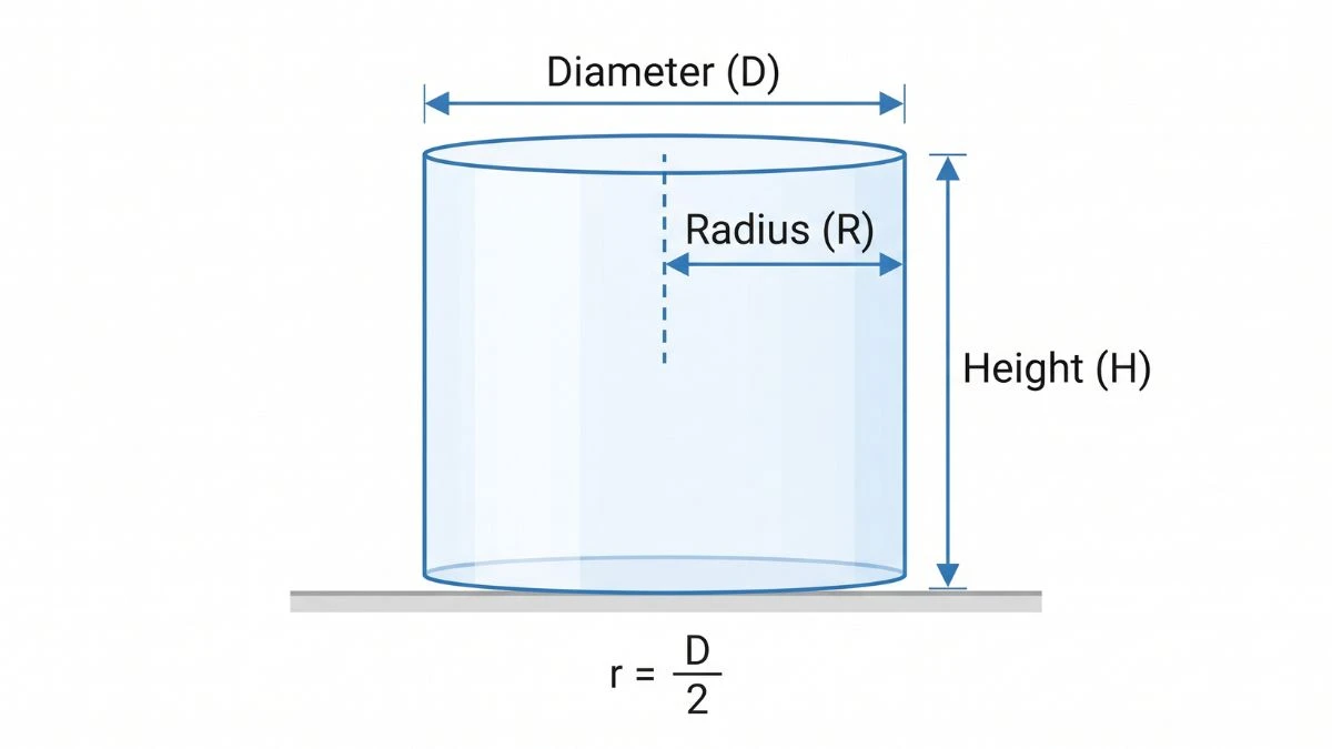 Diagram showing radius equals half the diameter for round water tank capacity formula