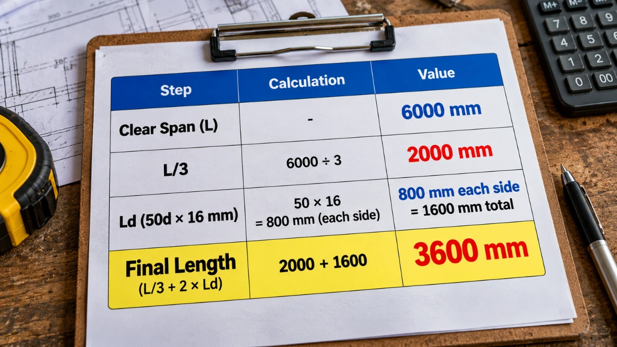 Worked example table calculating bottom extra bar length as 3600mm for 6000mm span