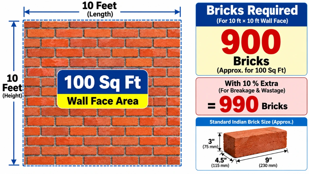 100 square feet 9 inch wall brick calculation example showing 900 bricks