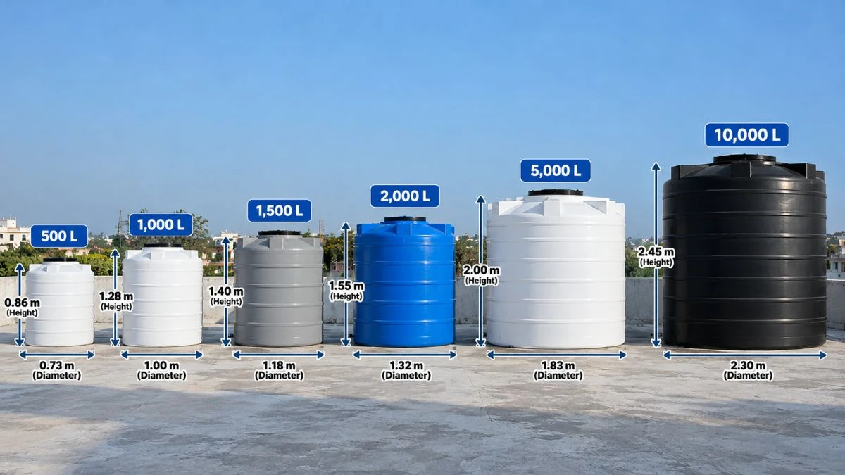 Comparison chart of standard round water tank sizes and capacities from 500 to 10000 litres