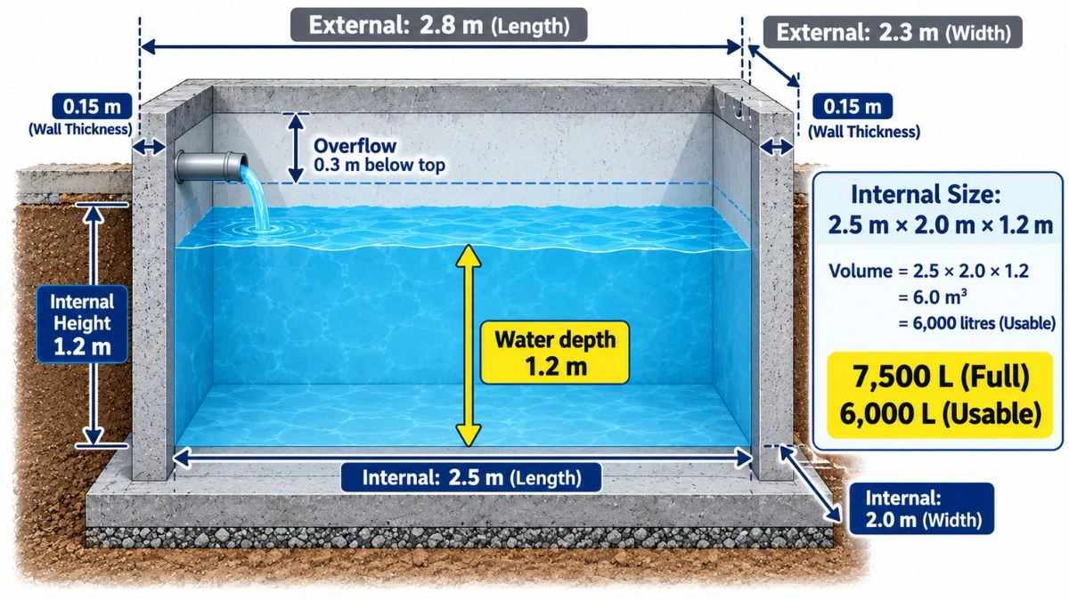 Cross-section diagram of a concrete water sump showing external and internal dimensions, overflow level and 1.2 m water depth