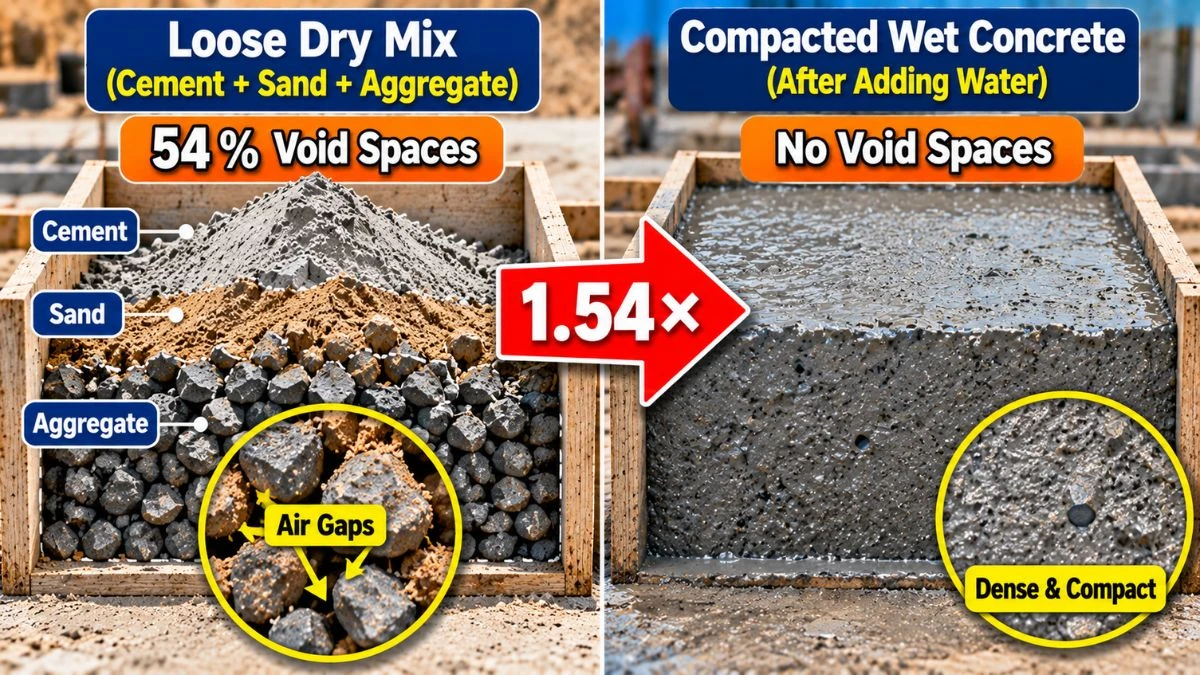 Why dry volume is 1.54 times wet volume of concrete showing void reduction