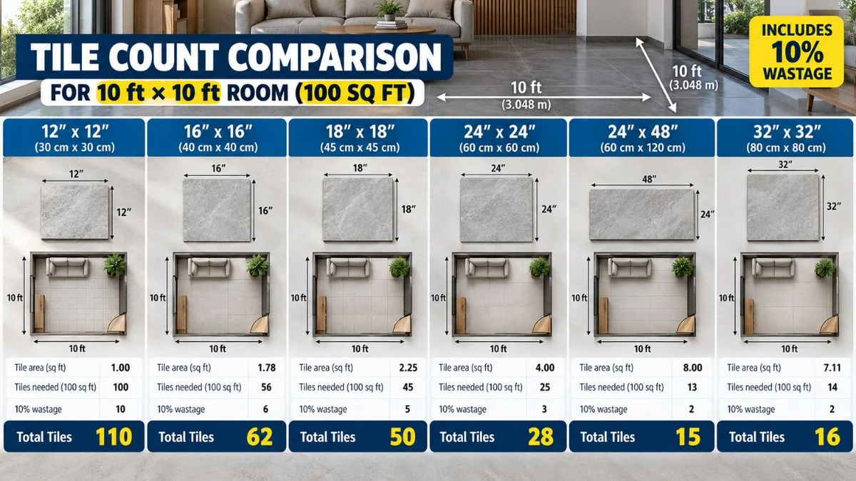 Comparison table of tiles required for 1000 square feet by common tile sizes including 10 percent wastage