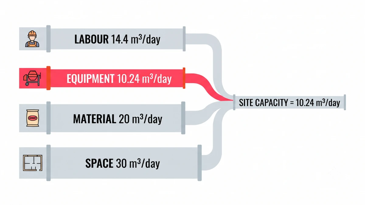 Diagram of four pipes labelled labour, equipment, material and space, showing the narrowest one sets construction site capacity