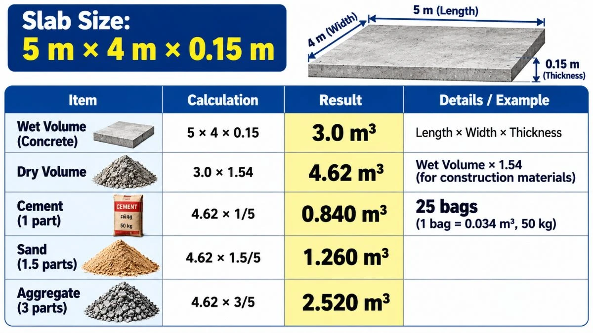 Worked example table dry volume calculation for concrete floor slab using 1.54 factor