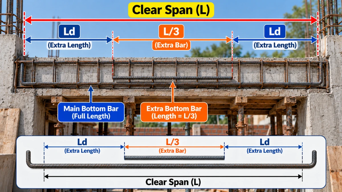 Diagram showing bottom extra bar length formula L3 plus development length Ld in beam