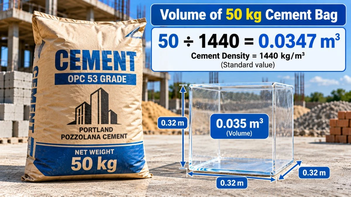 Volume of one 50 kg cement bag calculated using bulk density 1440 kgm³