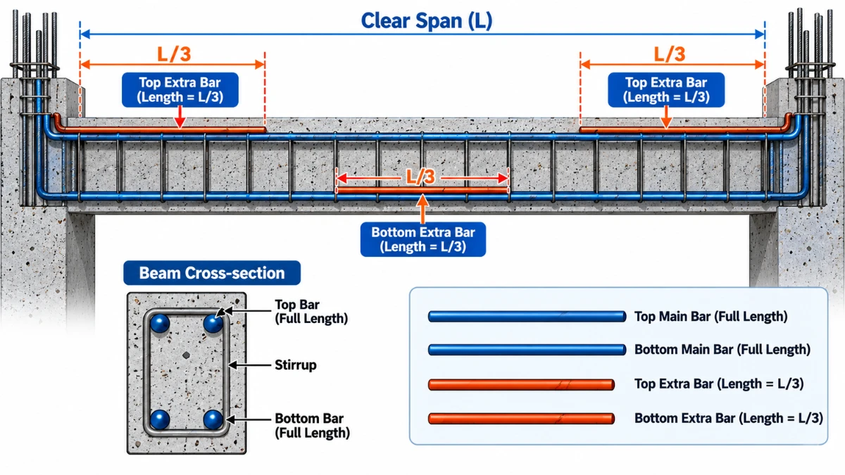 Beam reinforcement diagram showing top extra bar and bottom extra bar location with L3 length