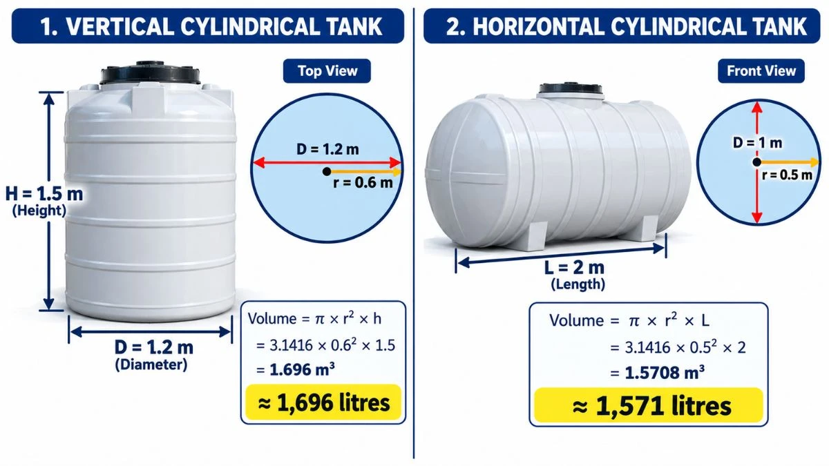 Diagram of a vertical and a horizontal cylindrical tank showing diameter, radius and height with volumes of 1,696 and 1,571 litres