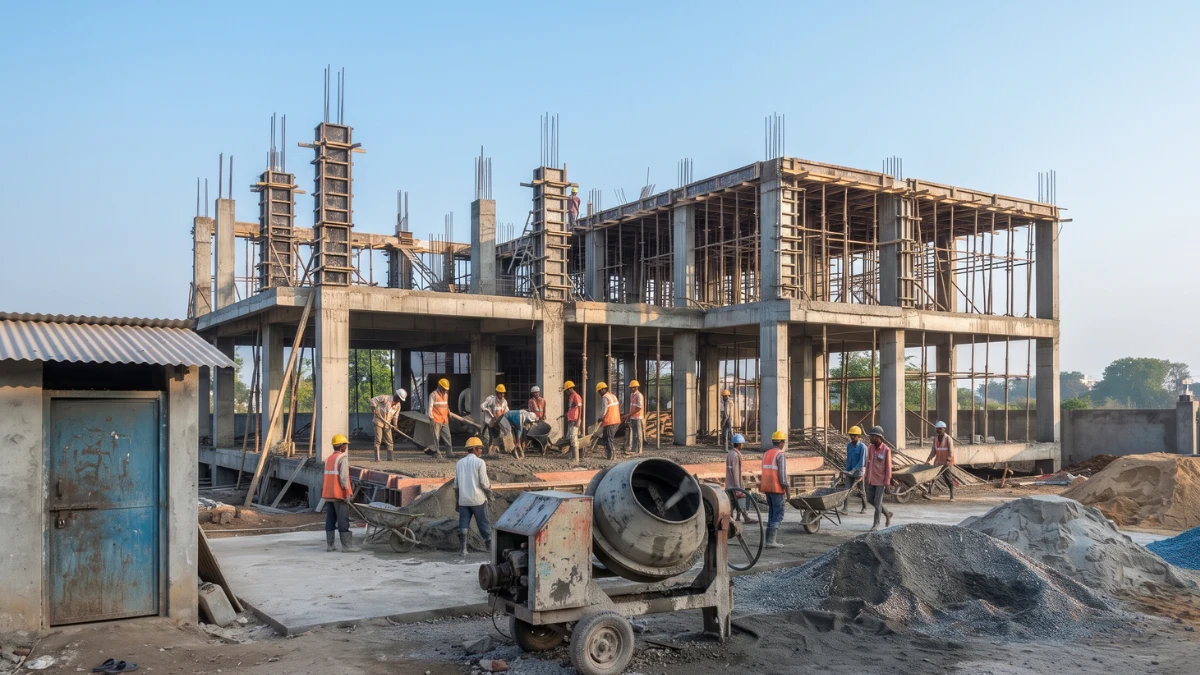 Residential construction site with a crew, concrete mixer, cement store and aggregate heaps showing the resources that decide site capacity