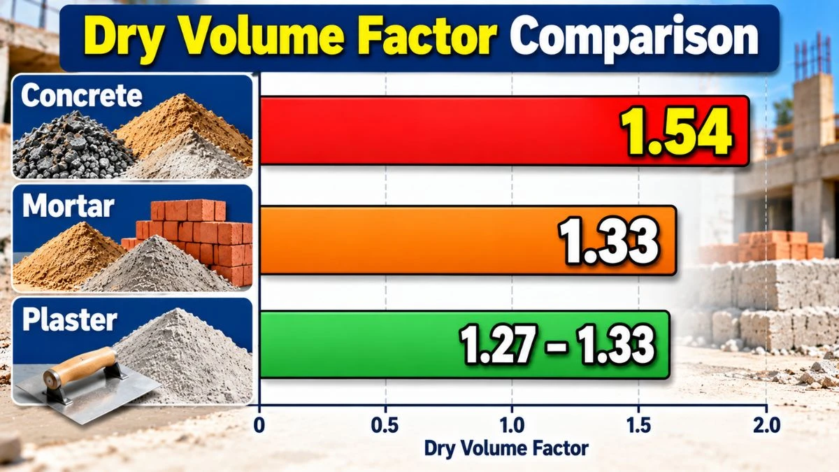 Comparison chart of dry volume factors for concrete, mortar and plaster