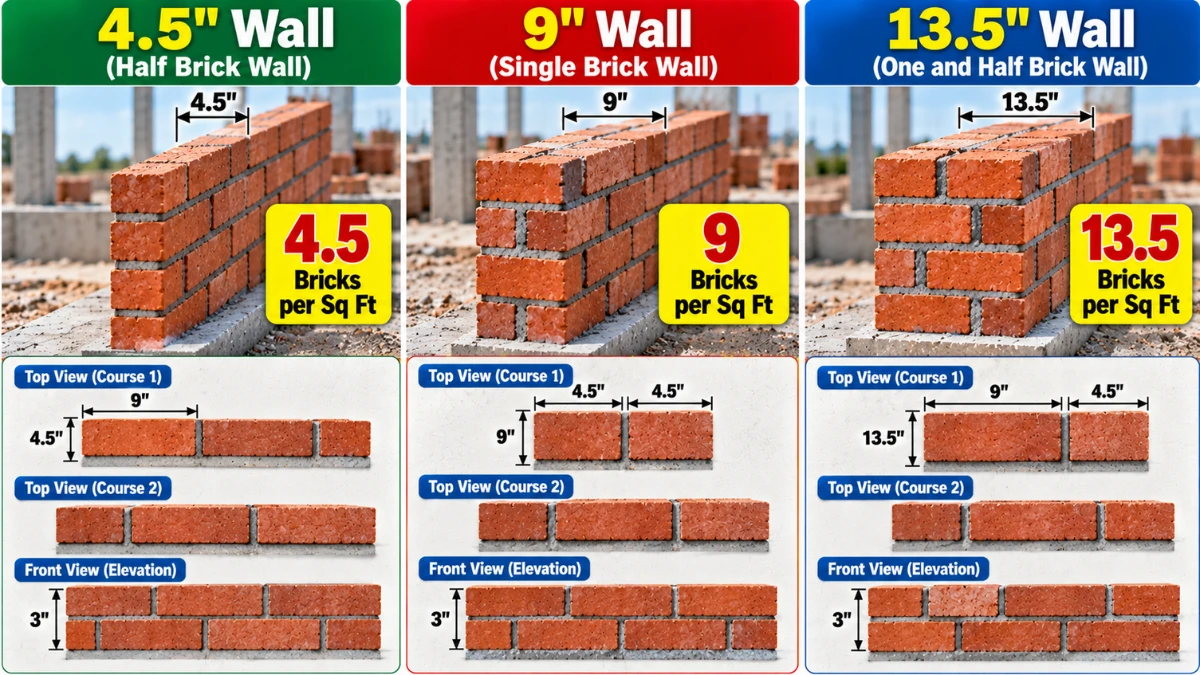 Comparison of bricks per square foot for 4.5 inch 9 inch and 13.5 inch walls