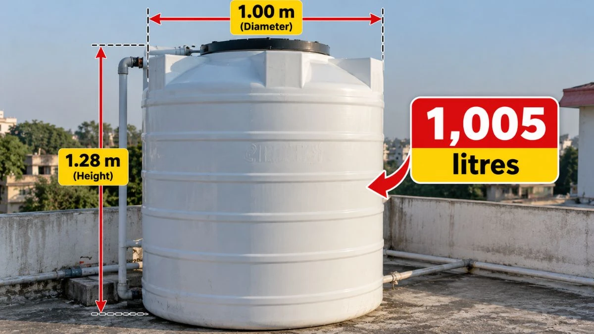 1000 litre round water tank with diameter and height dimensions for capacity calculation