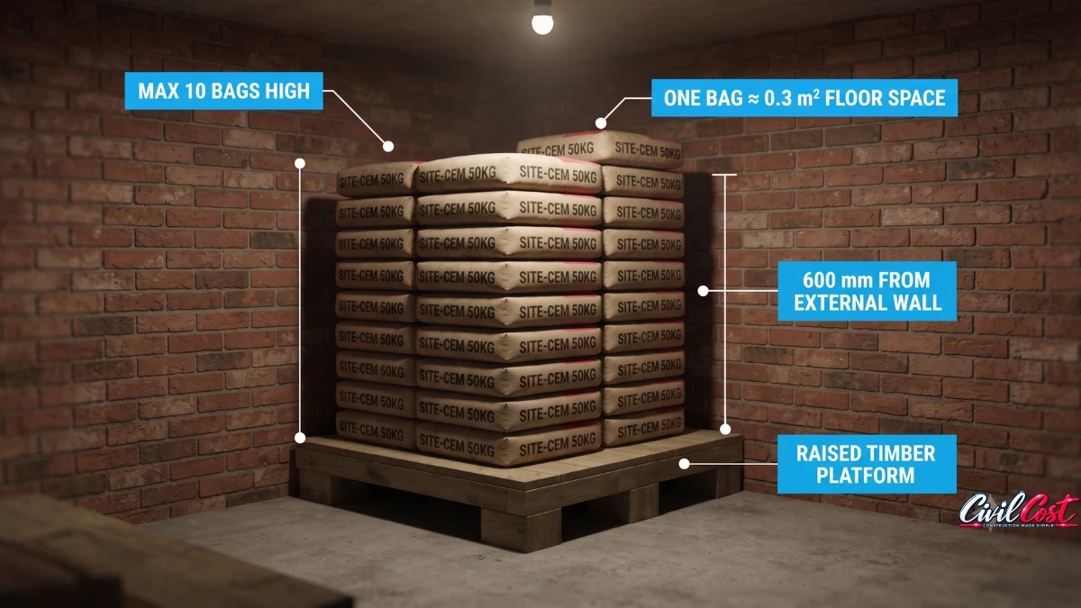 Cement bags stacked 10 high on a timber platform with 600 mm gap from the wall as recommended by IS 4082