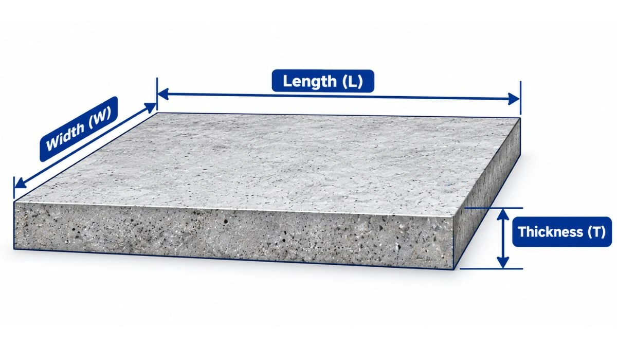 Wet volume of concrete formula diagram showing length width thickness of slab