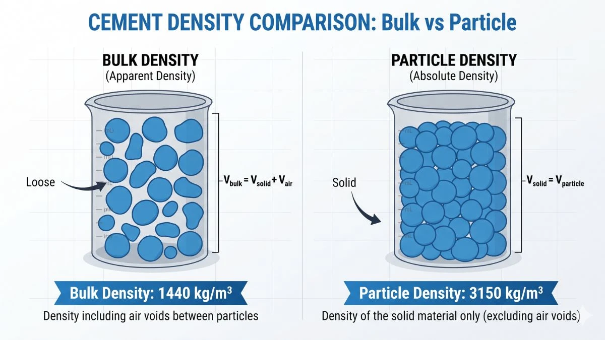 Bulk density 1440 kgm³ vs particle density 3150 kgm³ of cement comparison diagram