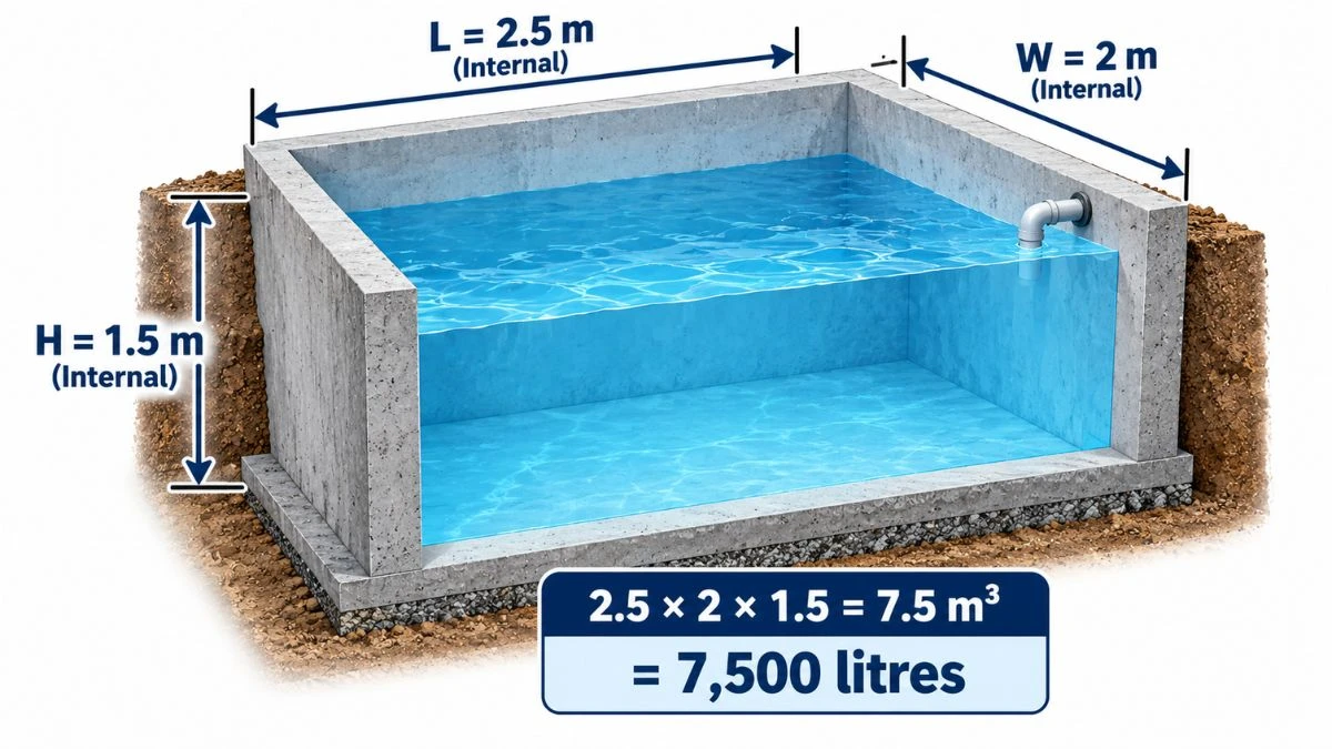 Cutaway diagram of a rectangular underground water sump with internal length, width and height labeled and a result of 7,500 litres