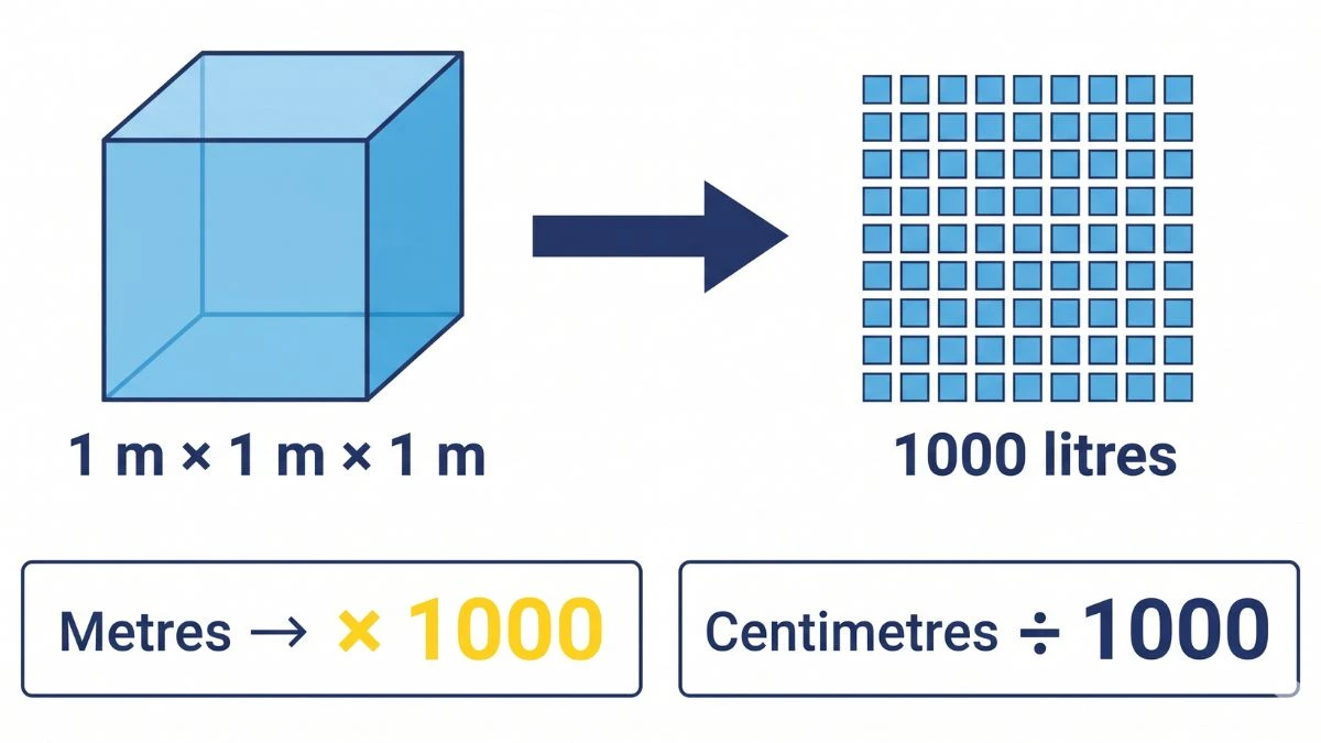 Diagram showing 1 cubic metre equals 1000 litres with the rule to multiply by 1000 for metres and divide by 1000 for centimetres
