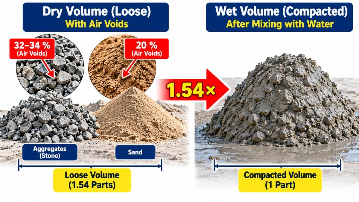 Diagram showing why dry volume of concrete is 1.54 times wet volume due to aggregate voids