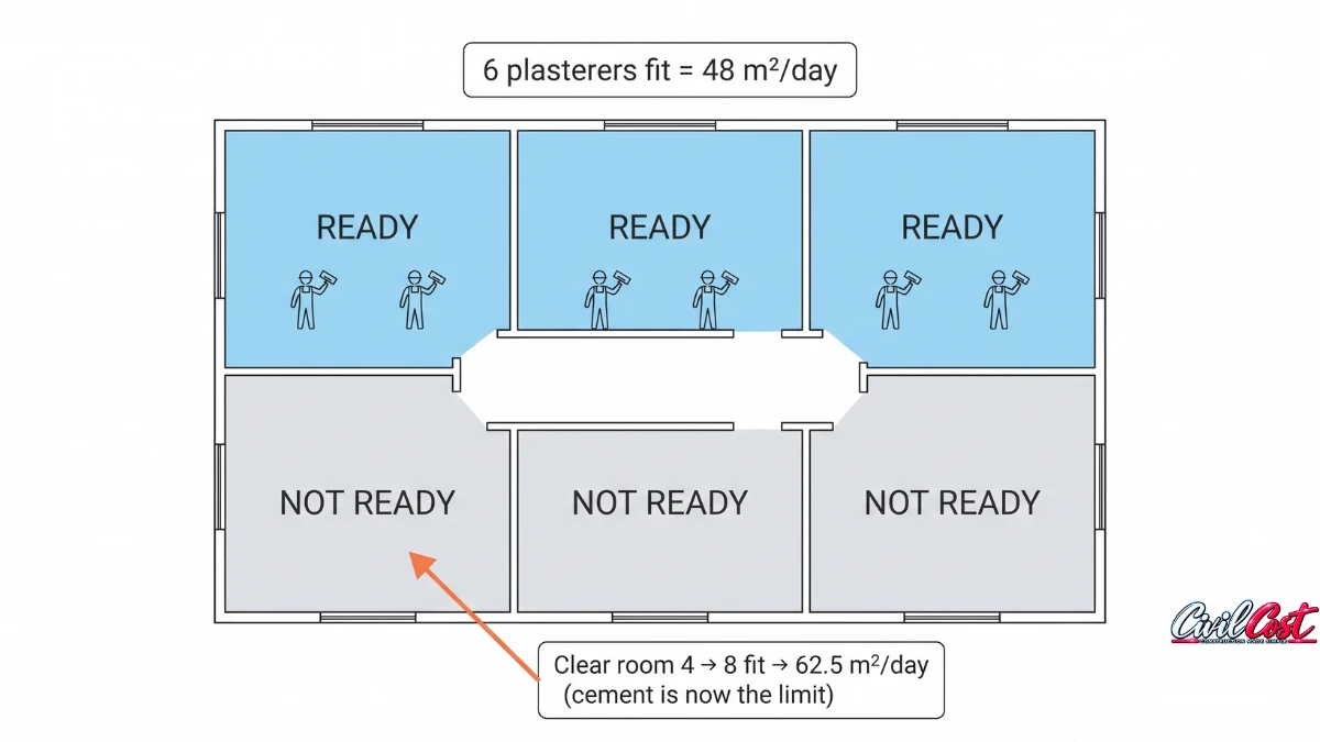 Floor plan showing three ready rooms with two plasterers each and how clearing a fourth room raises plastering capacity