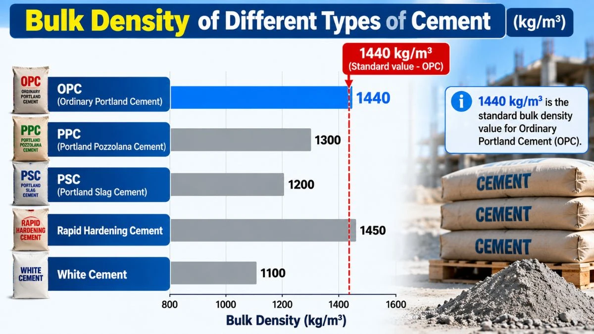 Bulk density comparison chart of different cement types including OPC 1440 kgm³
