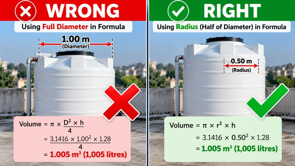 Common mistake of using diameter instead of radius in round water tank capacity formula