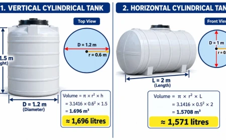 Diagram of a vertical and a horizontal cylindrical tank showing diameter, radius and height with volumes of 1,696 and 1,571 litres
