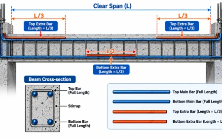 Beam reinforcement diagram showing top extra bar and bottom extra bar location with L3 length