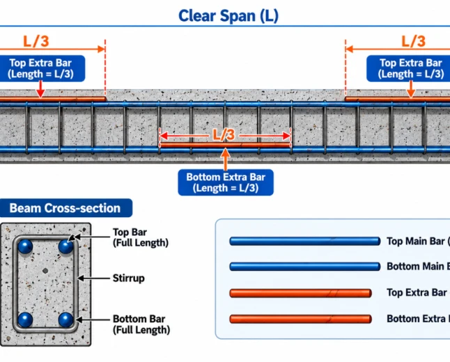 Beam reinforcement diagram showing top extra bar and bottom extra bar location with L3 length